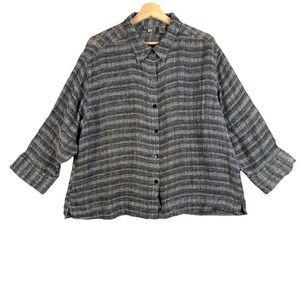 Chico's Shirt Blouse Women Sz 3 Linen Metallic Gray‎ Striped Knit 3/4 sleeve Top